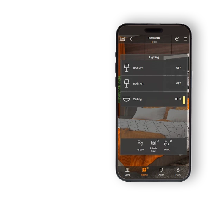 App ComfortClick su telefono, comandi della camera da letto
